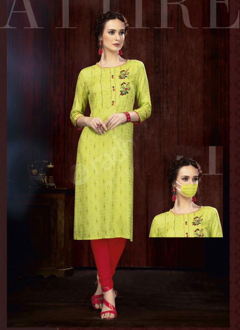 Rukmee Vol 14 Cotton Rayon Embroidered Printed Party Wear Kurti Collection 1450-1459